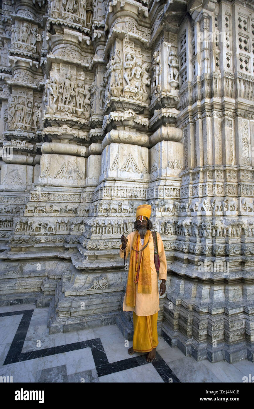 India, Rajasthan, Udaipur, Jagdish temple, stone elephant, Sadhu, Stock Photo
