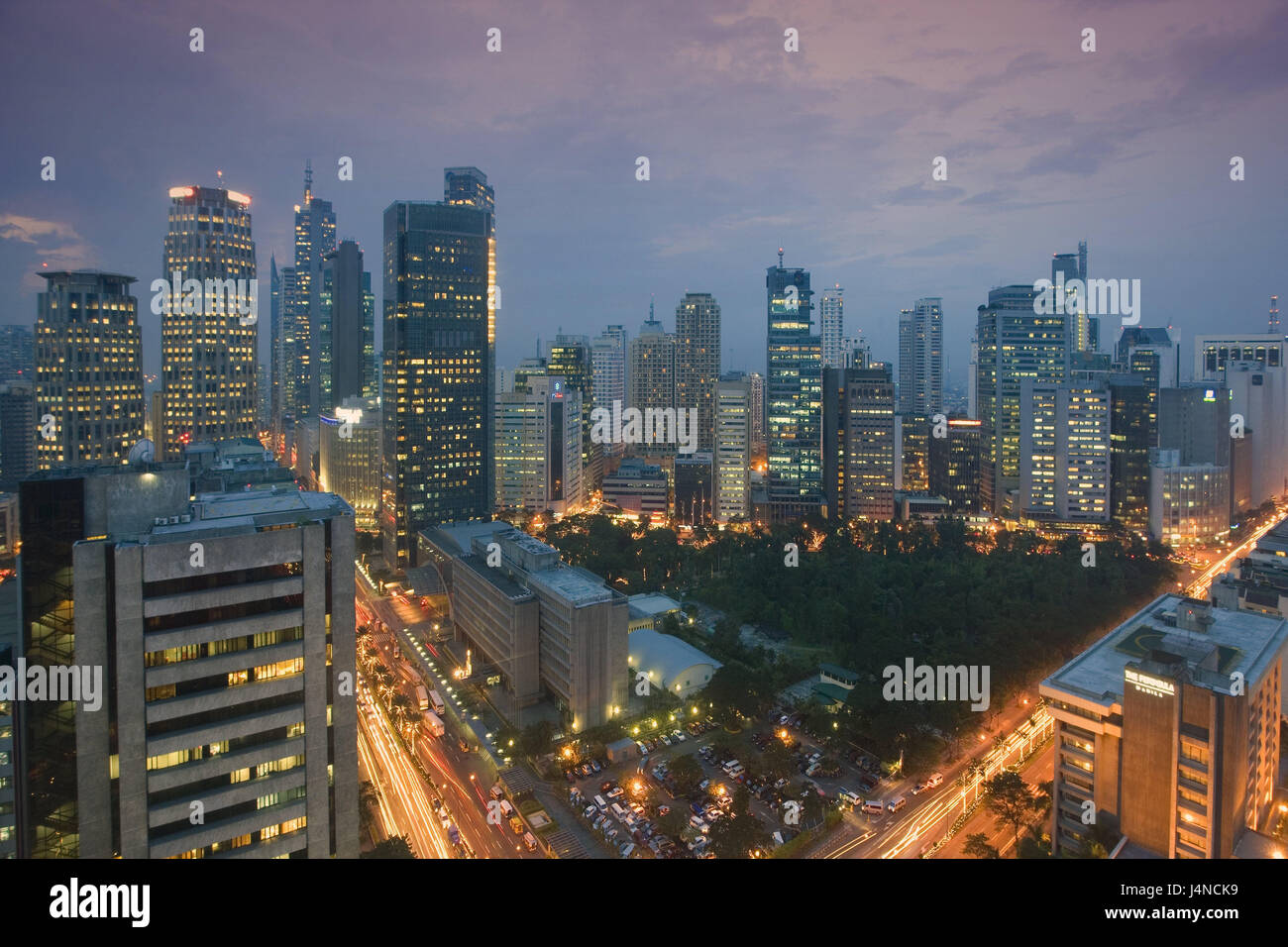 The Philippines, island Luzon, Manila, Makati District, high rises, lights, dusk, Asia, South-East Asia, town, capital, city, building, architecture, business premises, lighting, dusk, Stock Photo