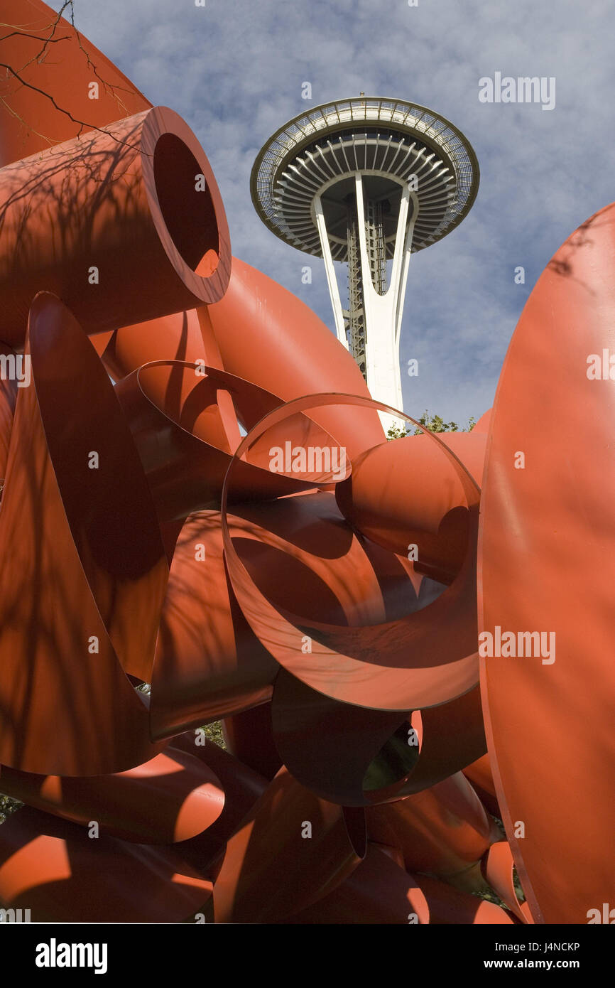 The USA, Seattle, Pacific Science centre, Space Needle, North America, destination, town, city, high rise, building, architecture, place of interest, sculpture, red, Stock Photo