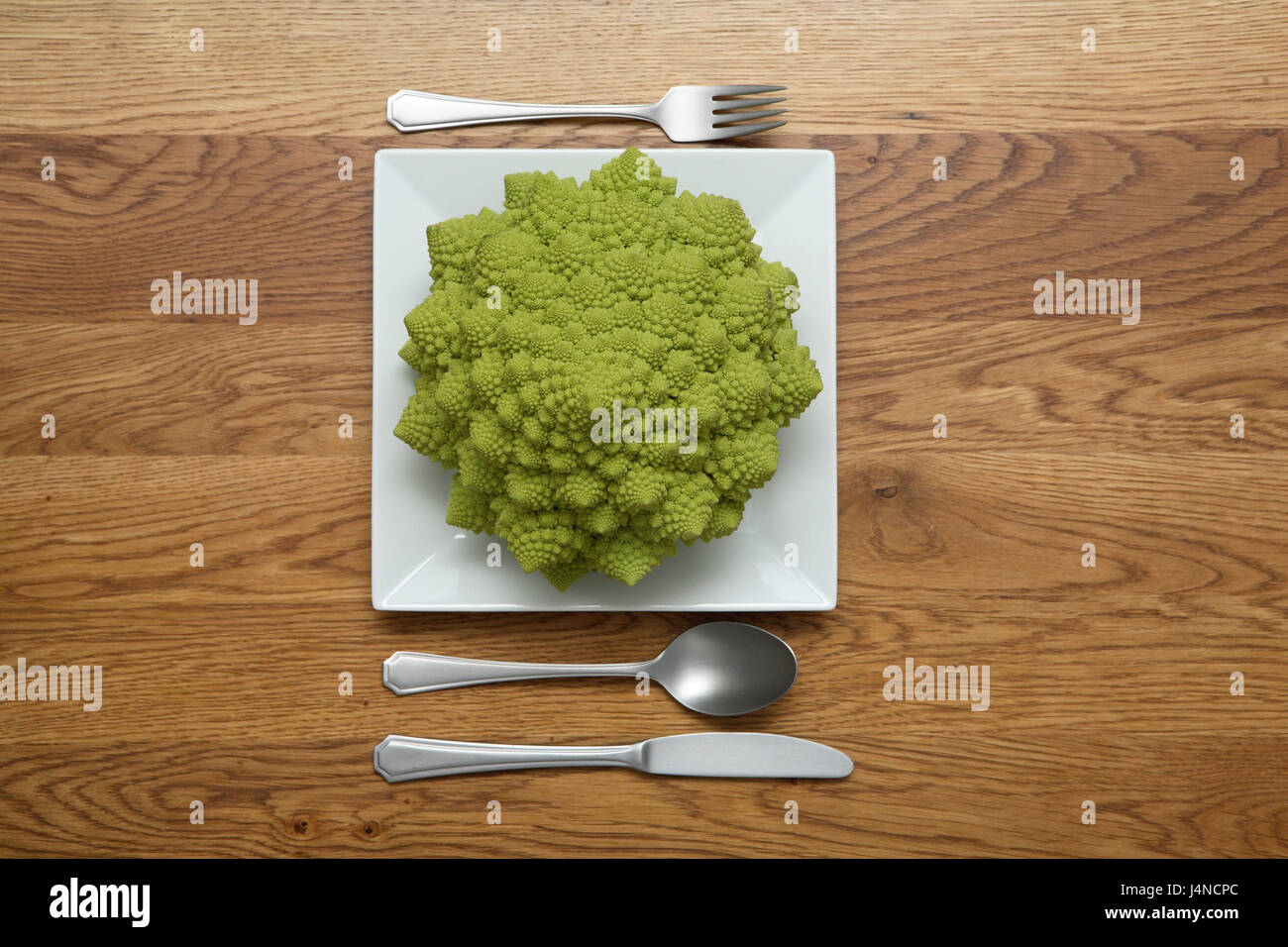Plate, instruments, vegetable cabbage, Romanesco, Stock Photo