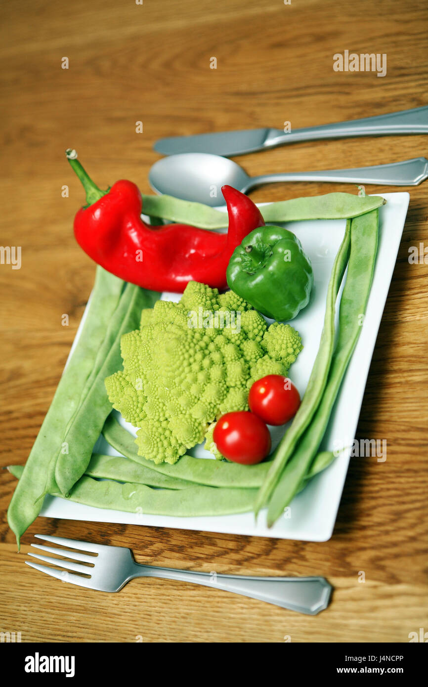 Plate, instruments, vegetables, raw, blur, Stock Photo