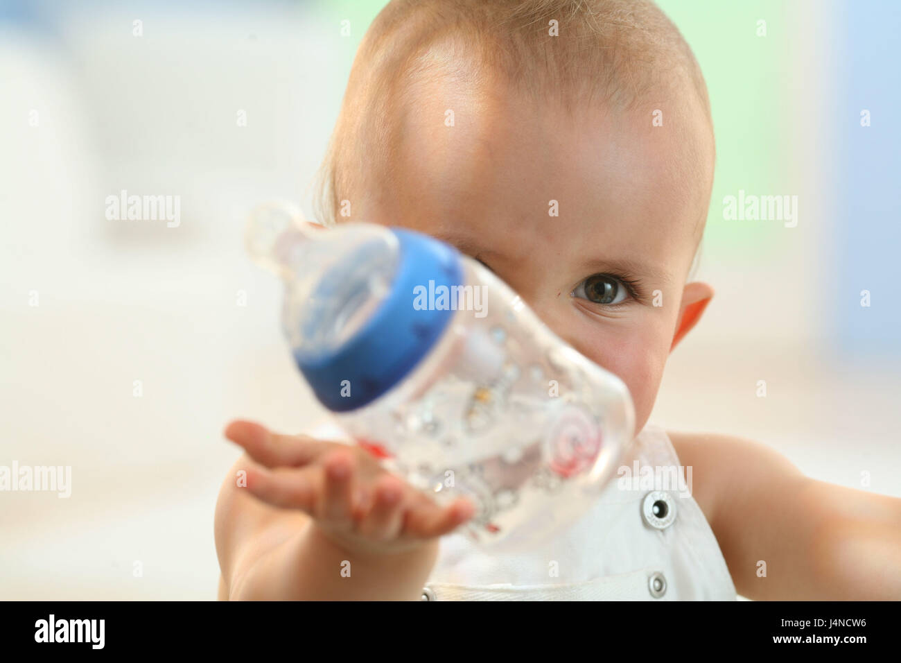 Baby, 8 months, bottles, hand, portrait, curled, Stock Photo