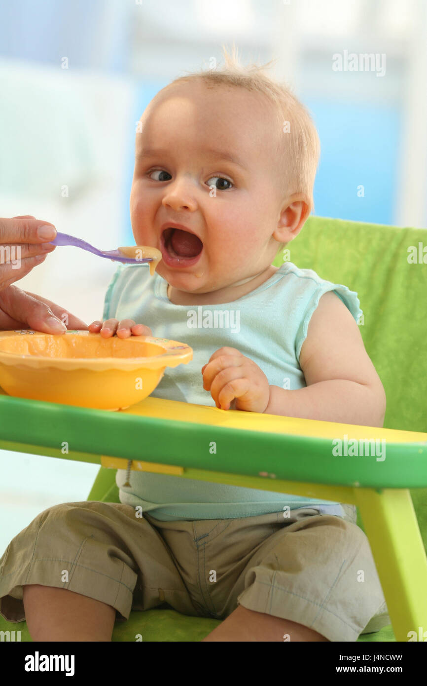 Baby, 8 months, porridge, eat, feed, Stock Photo