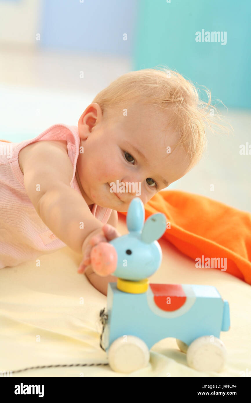 Baby, 5 months, wooden toys, play, portrait, Stock Photo