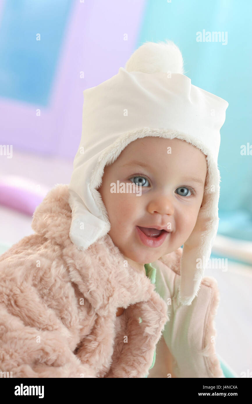 Baby, 7 months, cap, jacket, smile, portrait, Stock Photo