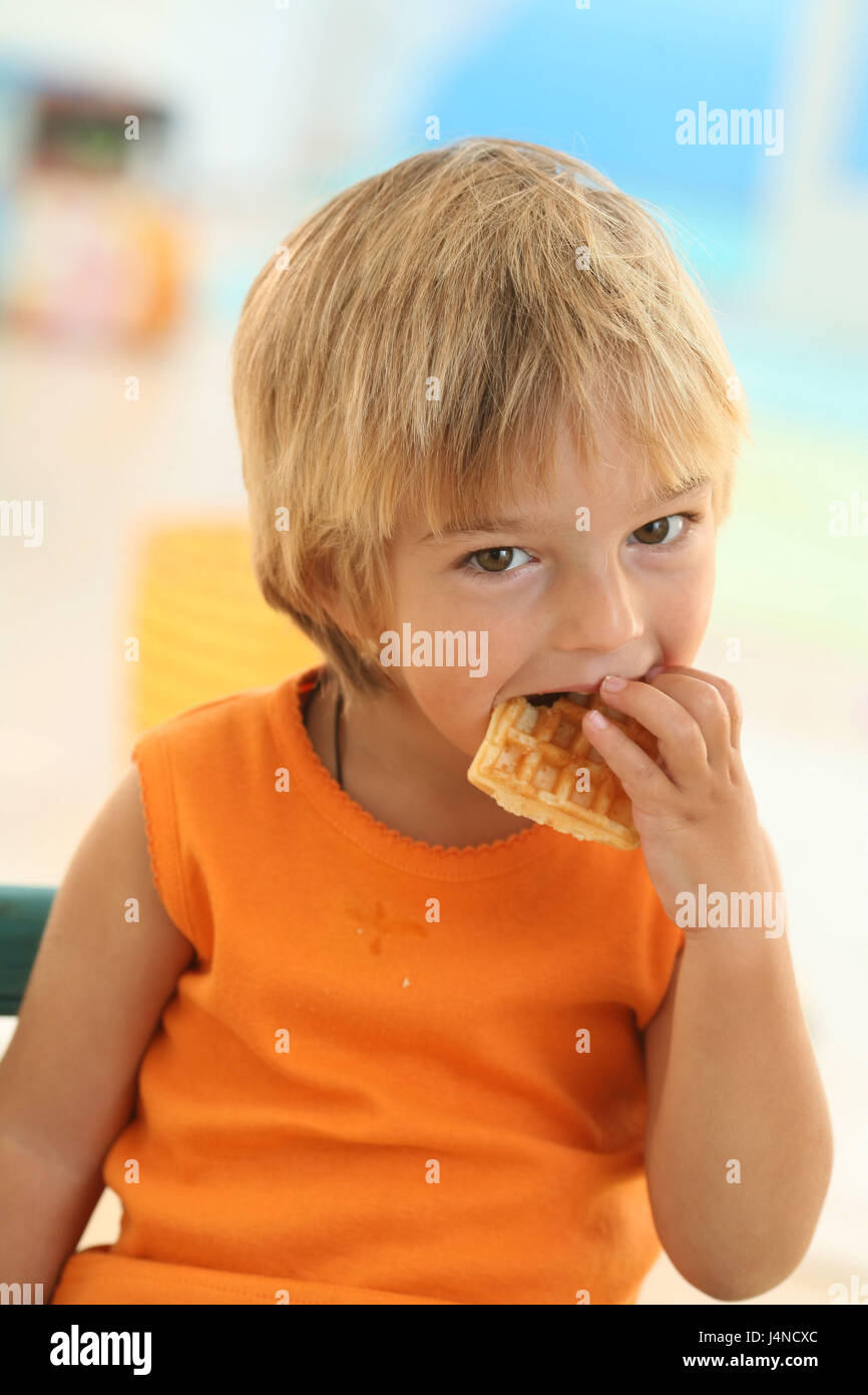 Boy, 3 years, waffle, eat, portrait, Stock Photo