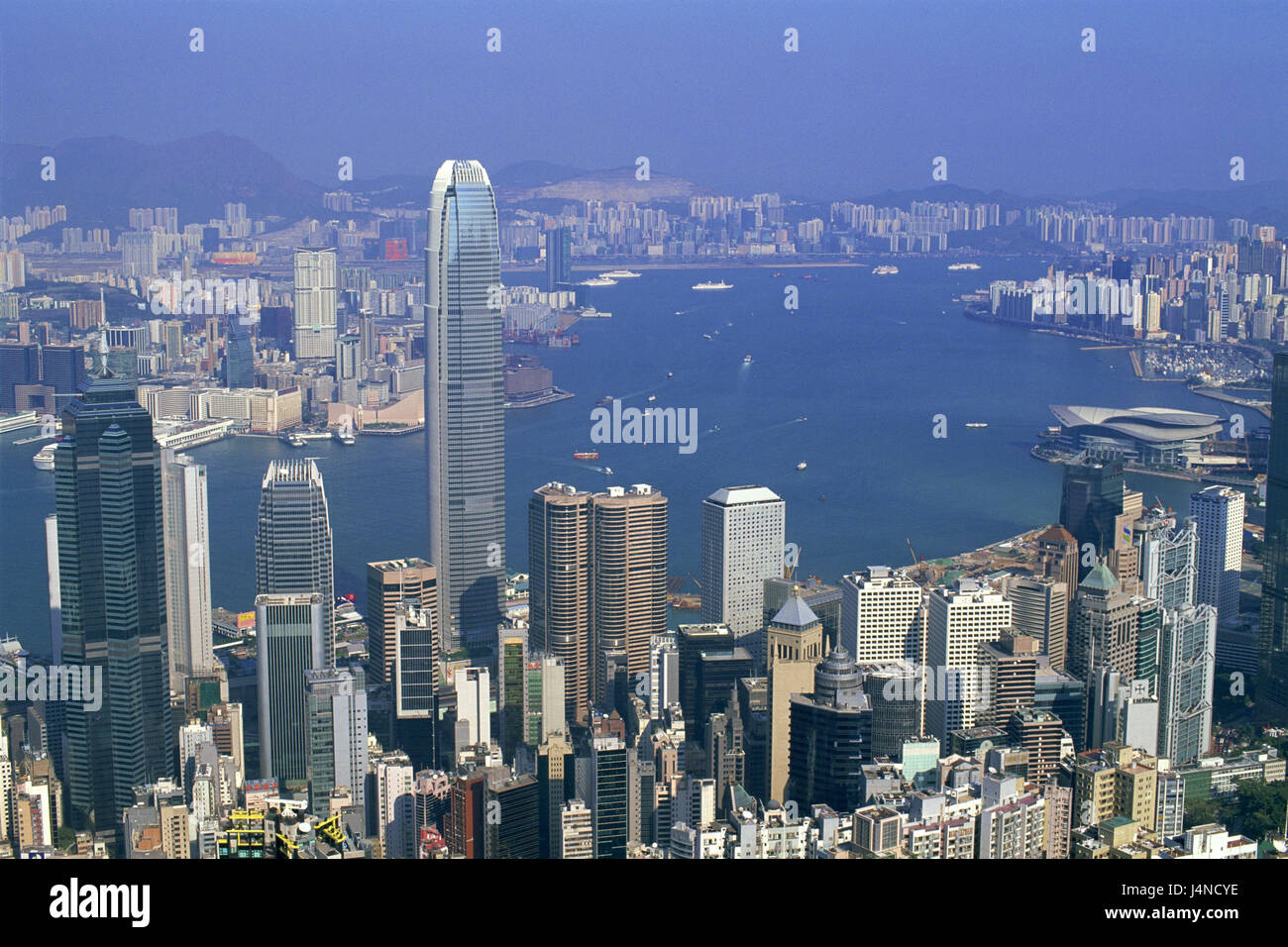 China, Hong Kong, location Victoria Peak, view Victoria Harbour, Asia, town, city, cosmopolitan city, metropolis, view, , overview, town overview, skyscraper, high rises, architecture, harbour, sea, Stock Photo