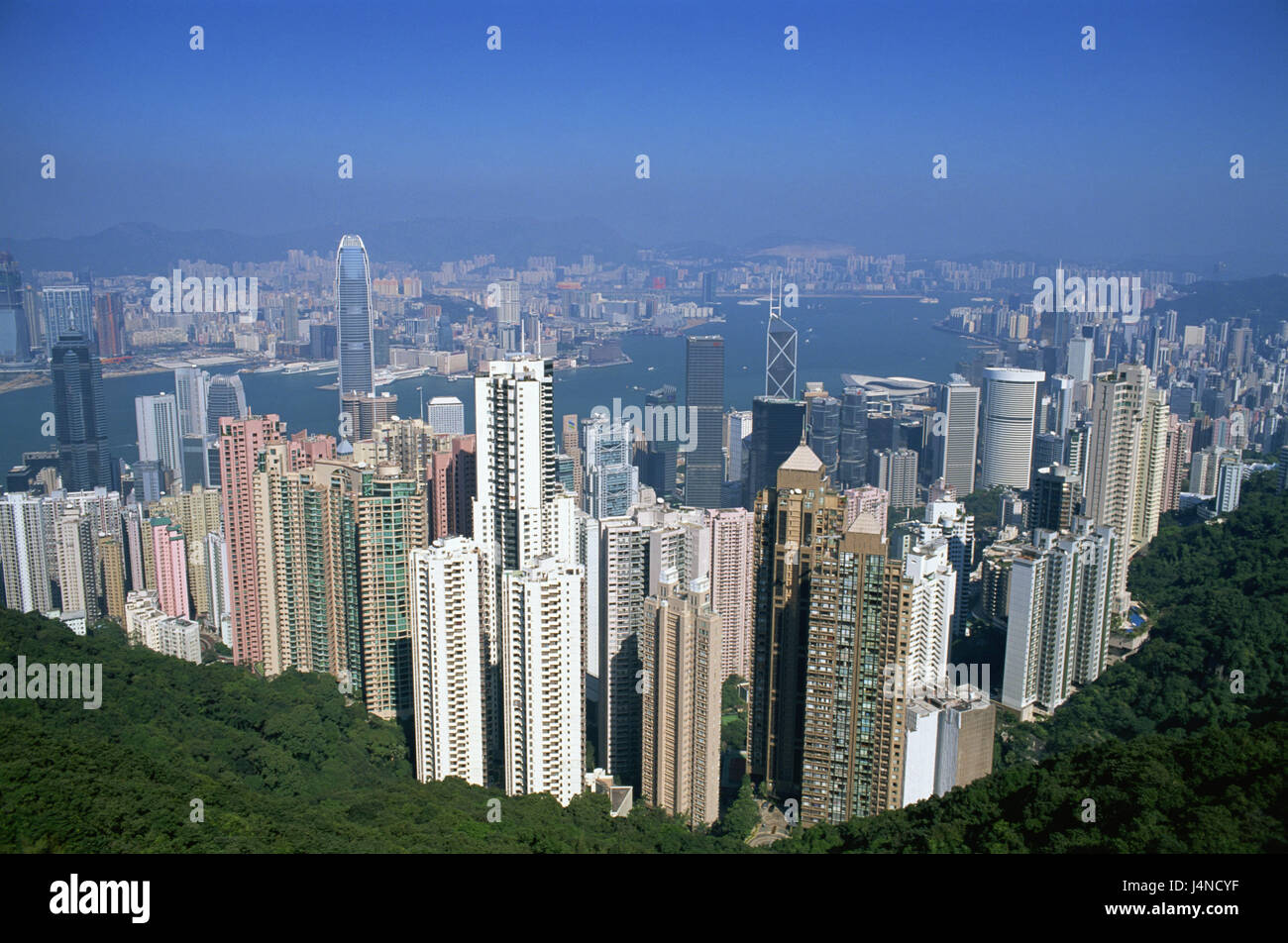 China, Hong Kong, location Victoria Peak, view Victoria Harbour, Asia, town, city, cosmopolitan city, metropolis, view, , overview, town overview, skyscraper, high rises, architecture, skyline, harbour, sea, Stock Photo