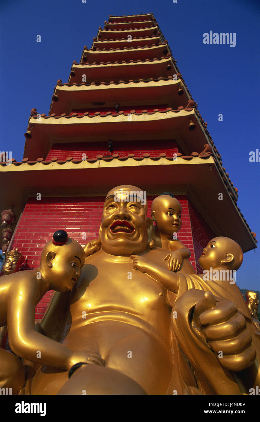China, Hong Kong, Kowloon, New Territories, Sha Tin, Wan Fo Shek Tempel, pagoda, red, Buddha's sculpture, golden, Asia, town, city, cosmopolitan city, metropolis, mainland, peninsula, temple, temple attachment, Buddha's temple, Wan-Fo-Shek-Temple, Tempel-der-10000-Buddhas, Monastery-of-the-ten-thousand Buddhas, Monastery of the Ten Thousand Buddhas, buildings, cloister, faith, religion, Buddhism, culture, art, statues, characters, Buddhas, Buddha's characters, sculptures, nobody, place of interest, Stock Photo