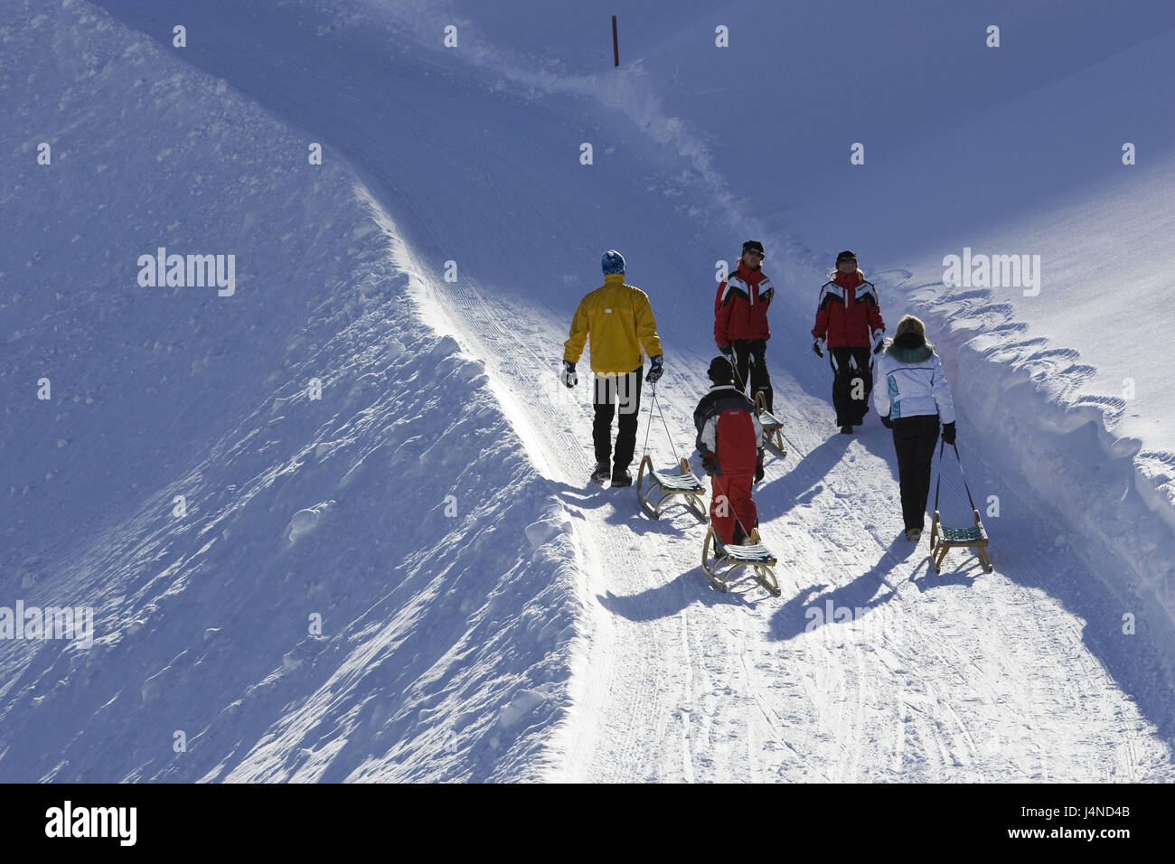 Austria, Tyrol, Vent, group, drag, slides, uphill, winter scenery Stock Photo