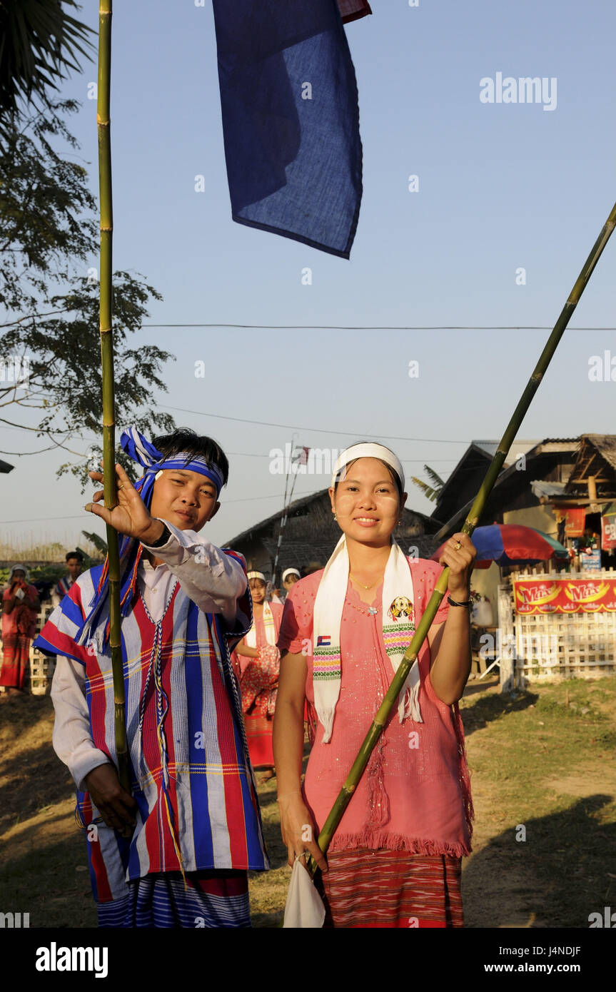 Young person, tribe Kayan, ceremony, flags, close Pyay, Myanmar, Stock Photo