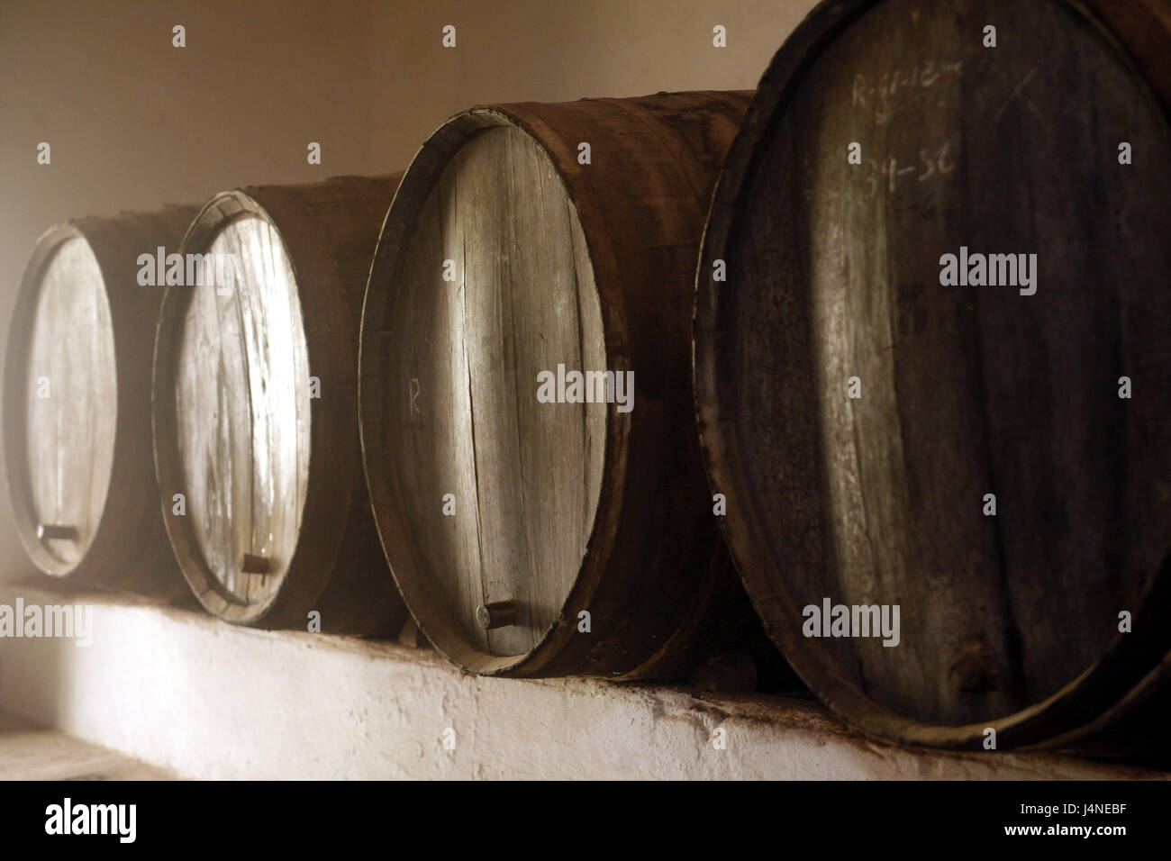 Spain, Lanzarote, Mozaga, Museo del Vino, wine cellar, wine casks, Stock Photo