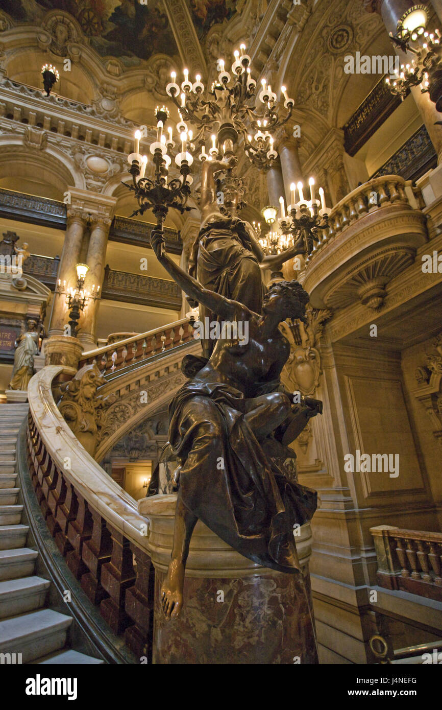 France, Paris, opuses Garnishing, stairs, statue, lamps, inside, Stock Photo