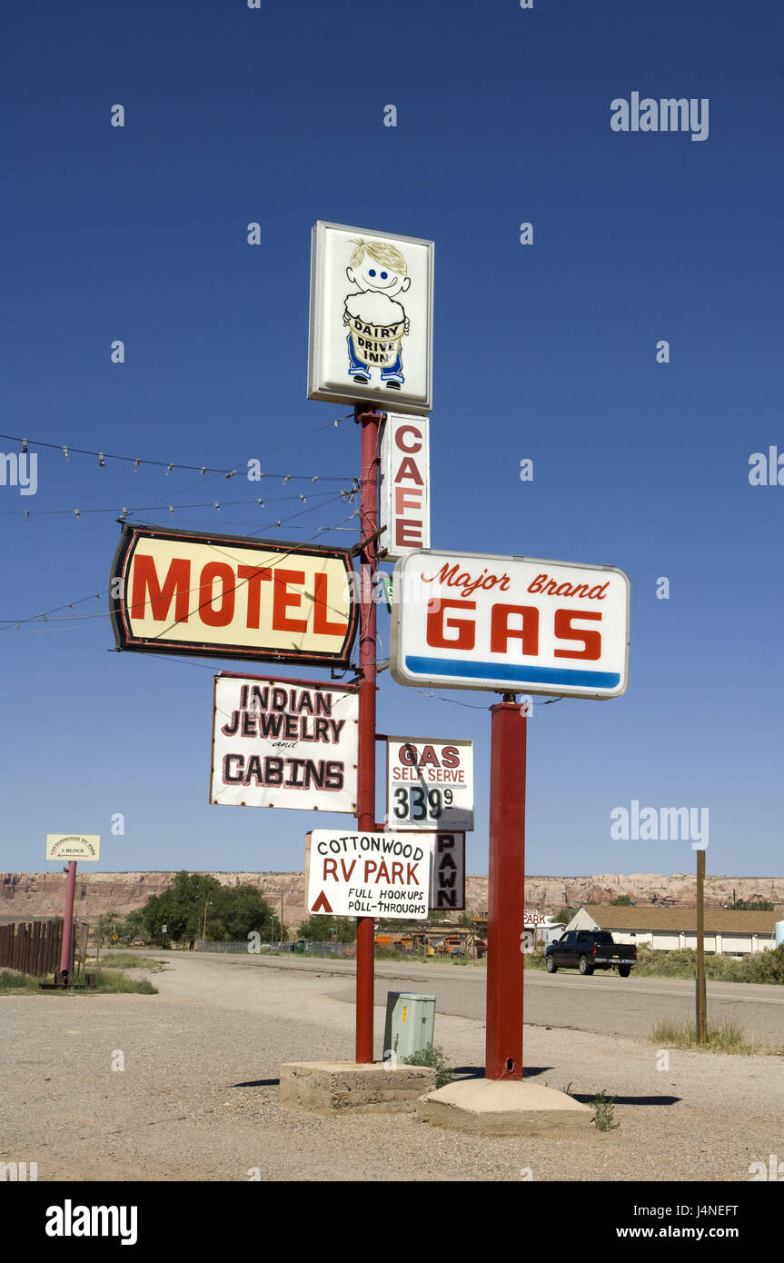 The USA, Utah, bluff, filling station, signs, Stock Photo
