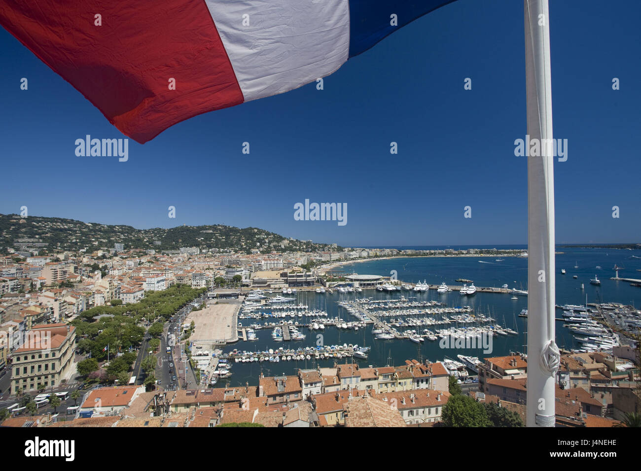 France, Cote d'Azur, Cannes, town view, harbour, flag, detail Stock