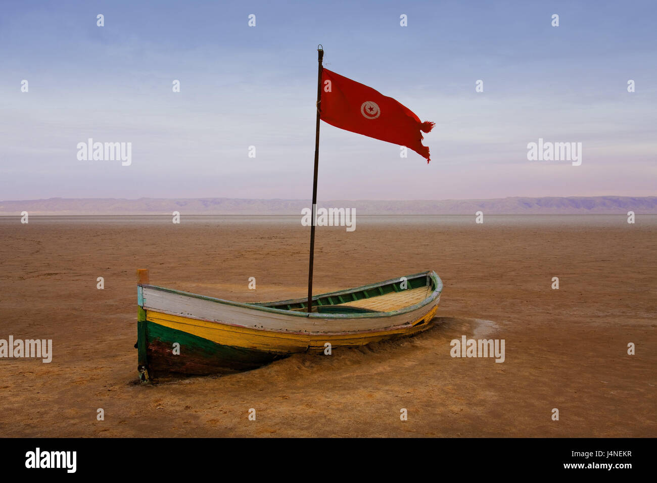 Tunisia, Chott el Djerid, salt lake, parched, boat, North Africa, scenery, nature, dryness, dryness, wooden boot, masts, flag, wind, blow, exit, nobody, loneliness, seclusion, Stock Photo