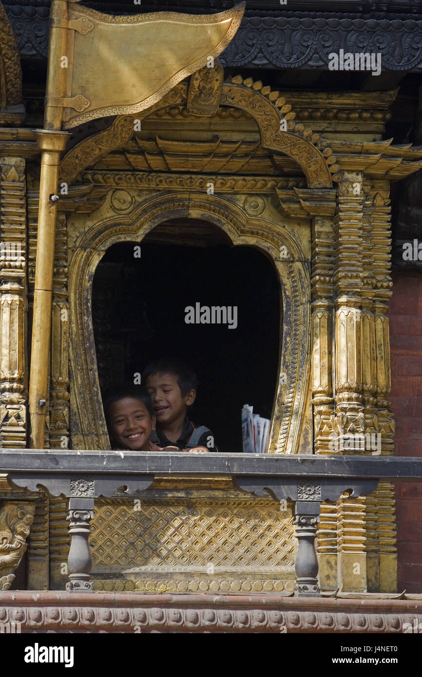 Nepal, Katmandu, Indra Chowk, building, window, children, laugh, Stock Photo