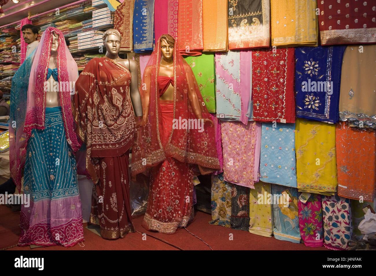 India, Uttar Pradesh, Benares, Dasaswamedh Ghat, business, sales, saris, Stock Photo