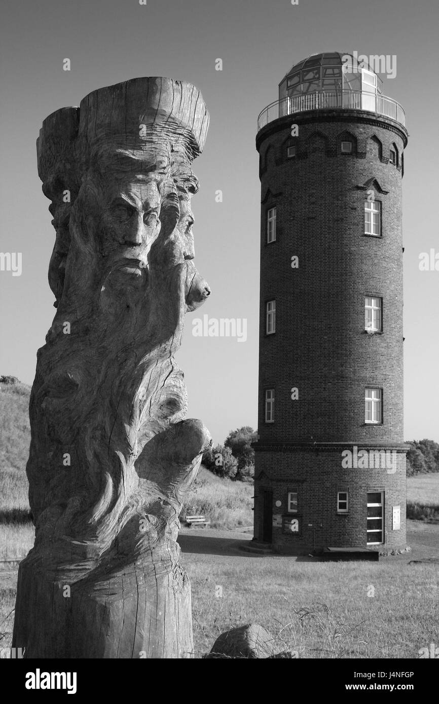 Sculpture, bearing tower, perspective, relative importance, black-and-white, Germany, Mecklenburg-West Pomerania, Rügen, cape Arkona, in the castle embankment, Stock Photo