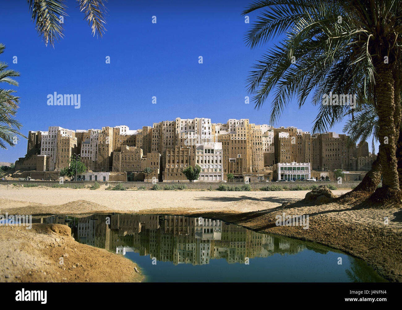 Yemen, wadi Hadramaut, Schibam, town view, the Near East, Shibam, Yemen, East, Hadhramaut, Hadramut, town, architecture, historically, building, mucky building, mucky houses, UNESCO-world cultural heritage, outskirts, water, pool, palms, Stock Photo