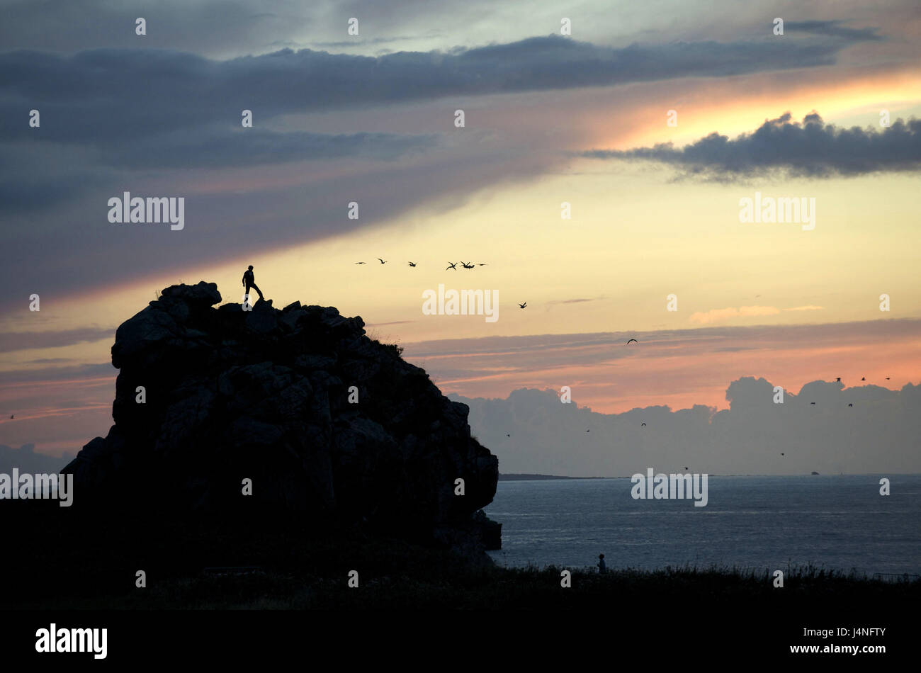 France, Brittany, Primel-Tregastel, bile coast, rock, silhouette, man, evening tuning, Stock Photo
