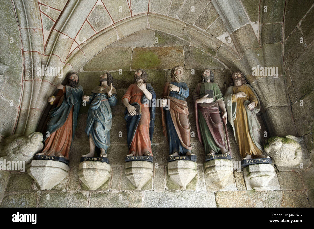 France, Brittany, Tredrez, church, input, statues, evangelists, Stock Photo