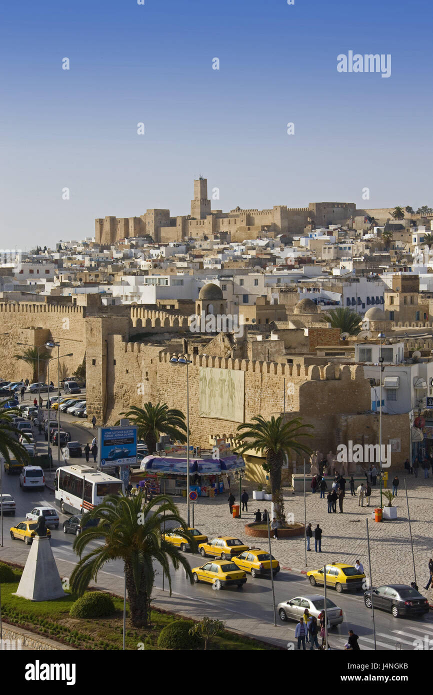 Tunisia, Sousse, Old Town, Kasba, overview, North Africa, town, port, kasbah, Medina, UNESCO-world cultural heritage, town overview, travel, vacation, tourism, street, traffic, place of interest, fortress, Stock Photo