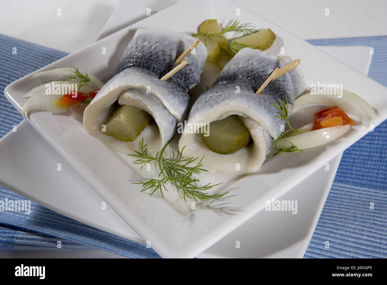 Plate, rollmops, fish dish, herring, food, vegetarian, acidly, rolled up,  scrolled, gherkins, herbs, Food Stock Photo - Alamy