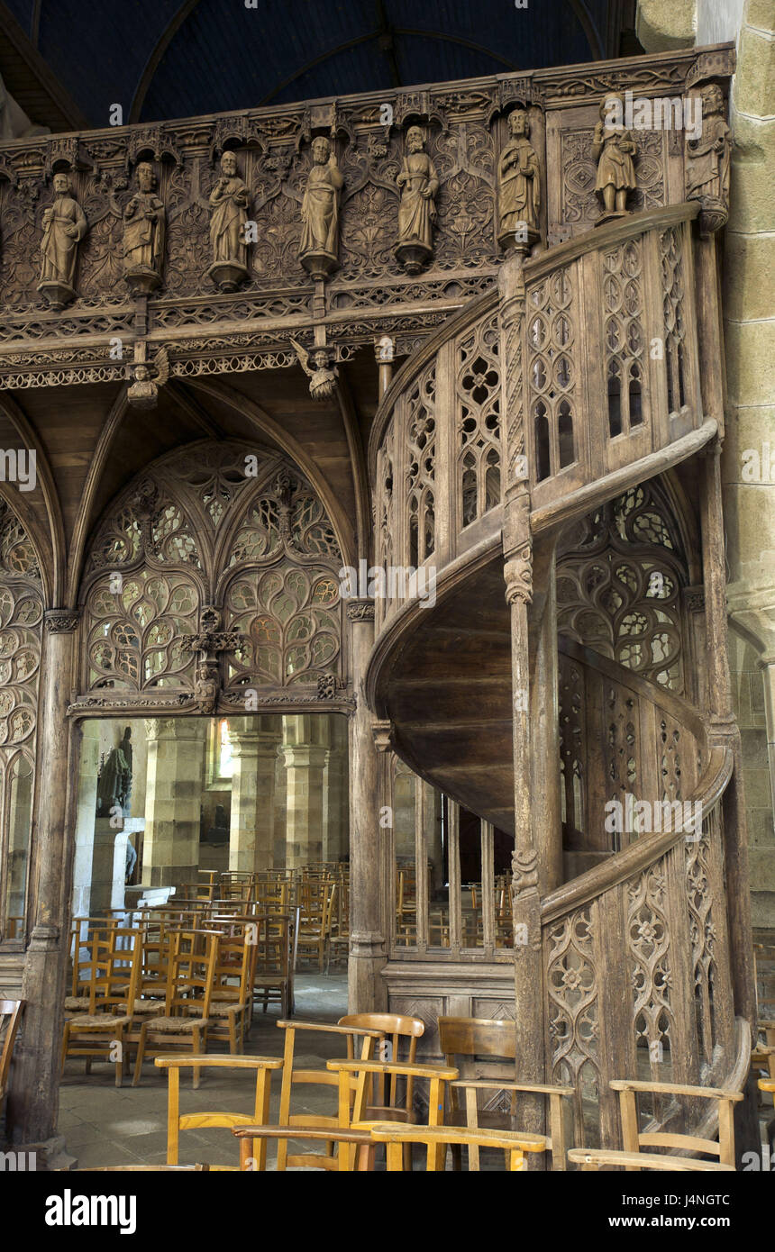 France, Brittany, Plouvorn, Ecole Notre lady de Lambader, spiral staircase, balcony, carvings, Stock Photo