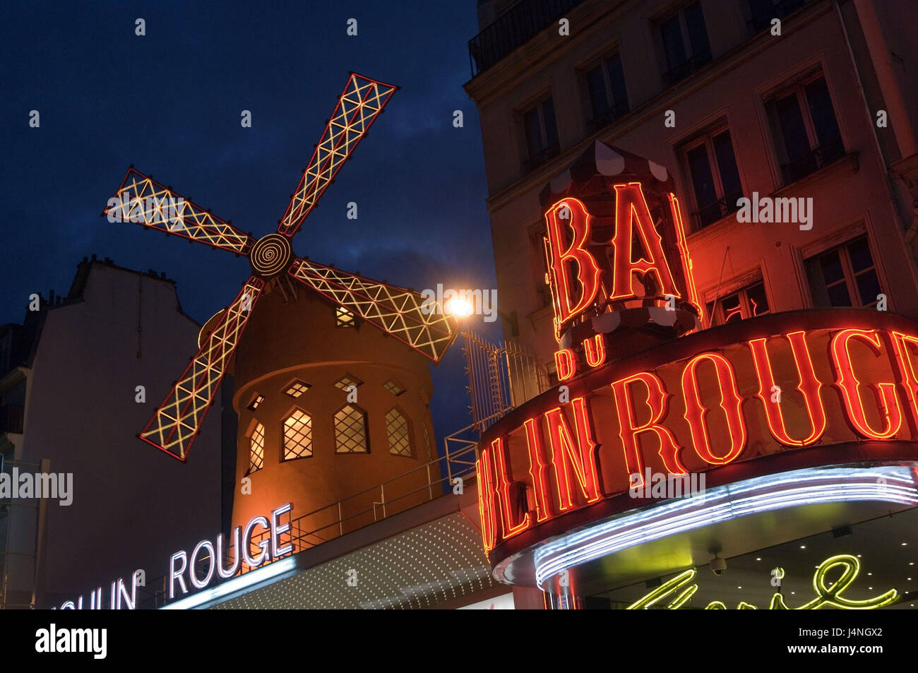 France, Paris, Montmartre, Moulin blusher, neon lights, lights, night, Stock Photo