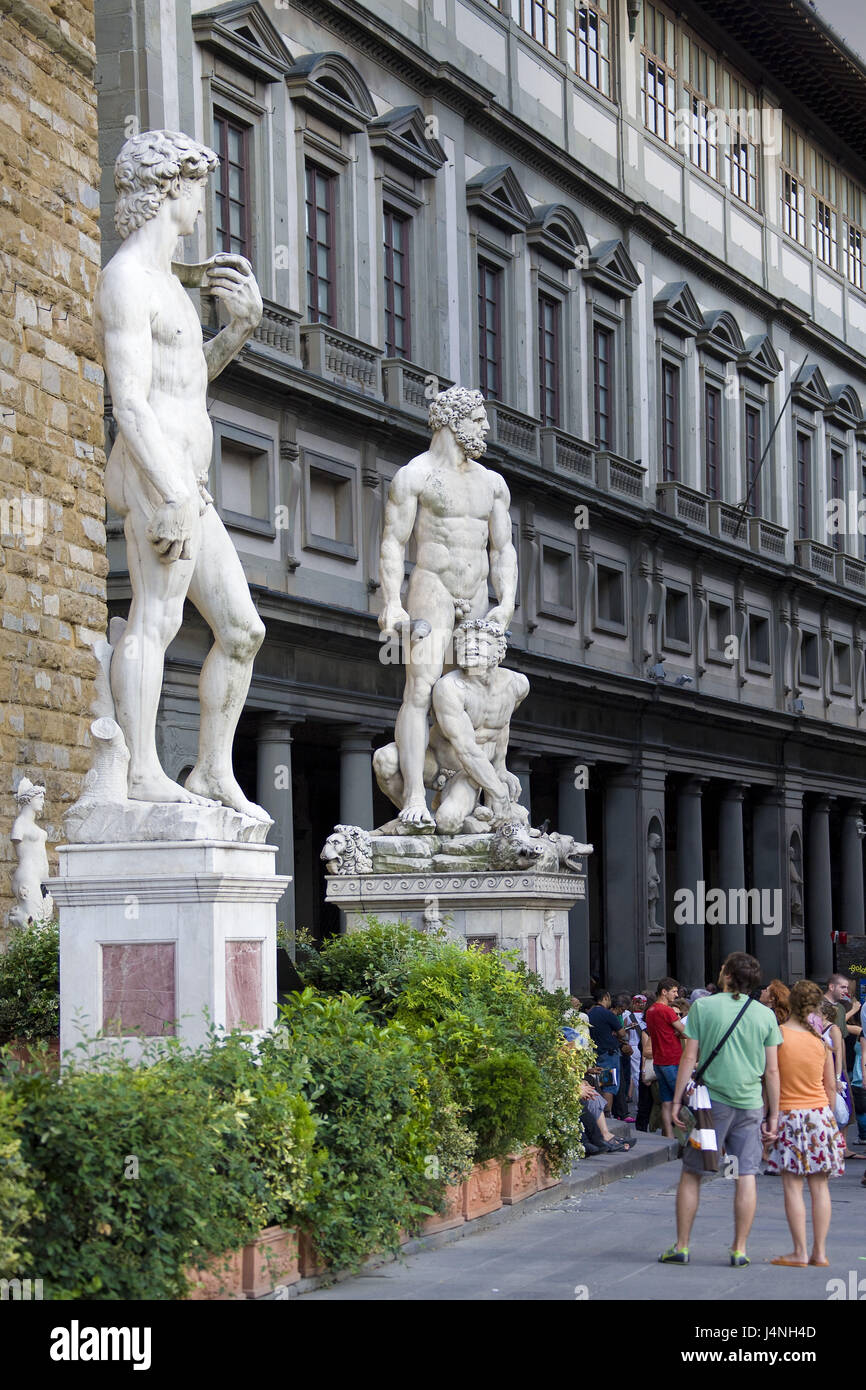 Italy, Tuscany, Florence, Piazza della Signoria, statues, tourists, no model release Stock Photo