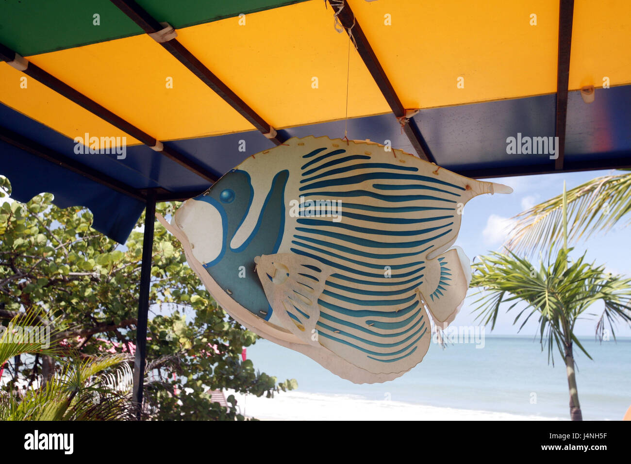 Venezuela, Isla Margarita, Pedro Gonzalez, Playa Pedro Gonzalez, fishing village, beach bar, decoration, fish, Stock Photo