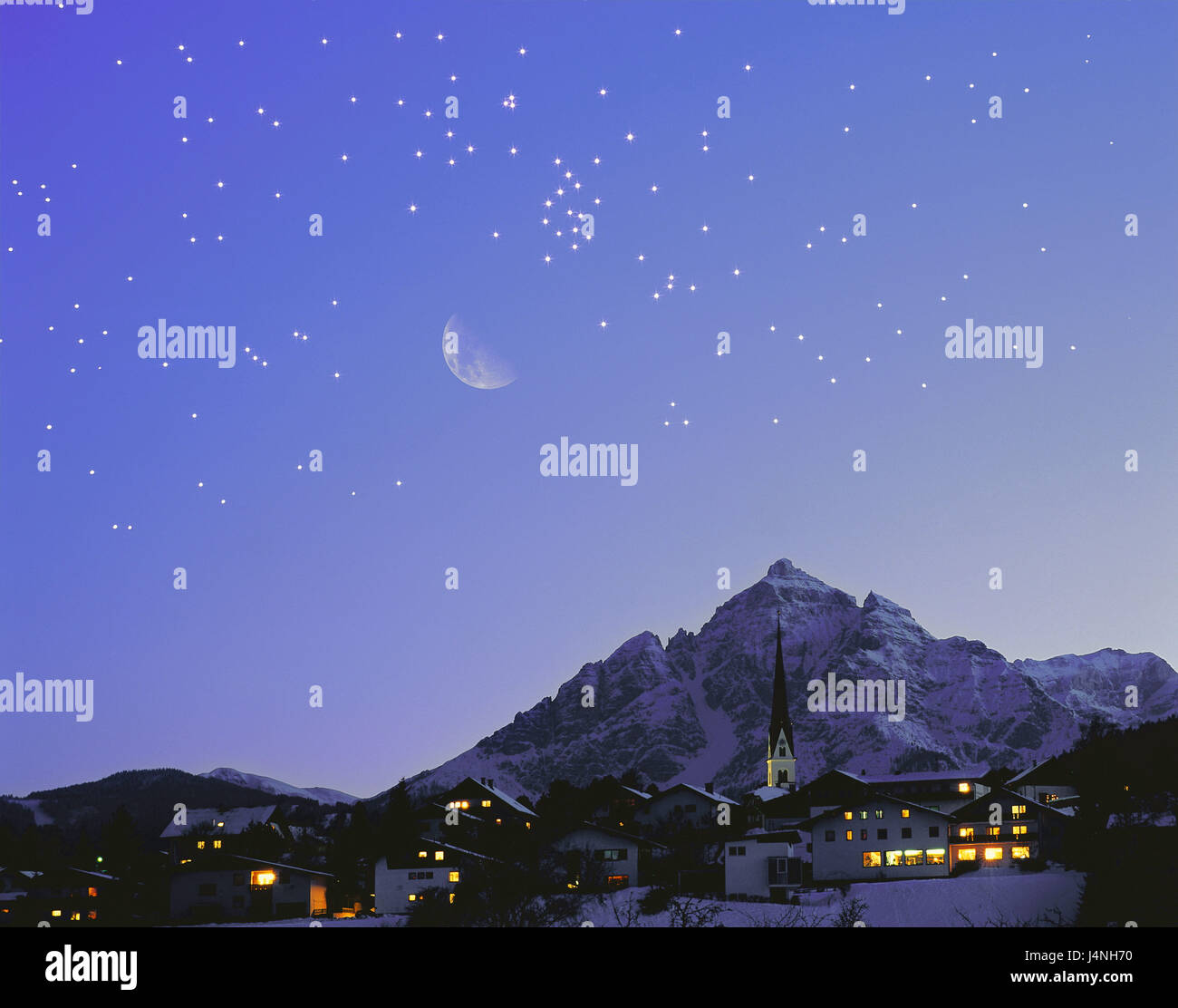 Austria, Tyrol, Mutters, local view, lights, evening, mountain Serles, starry sky, [M], place, houses, residential houses, church, steeple, lighting, mountains, alps, heavens, evening heavens, stars, atmospheric, [M] Stock Photo
