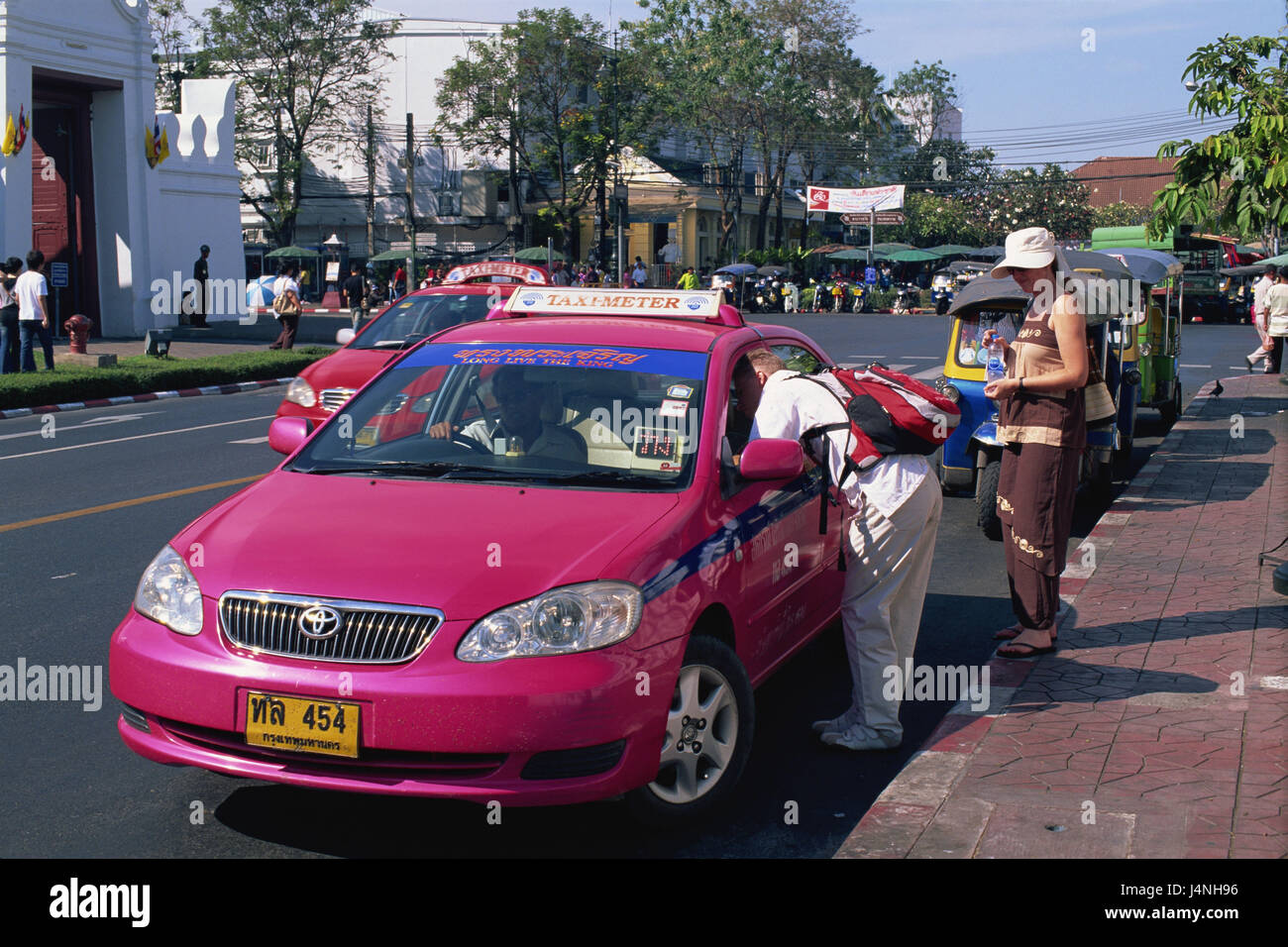 Thailand, Bangkok, taxi stand, cars, Tuk Tuks, tourists, Stock Photo
