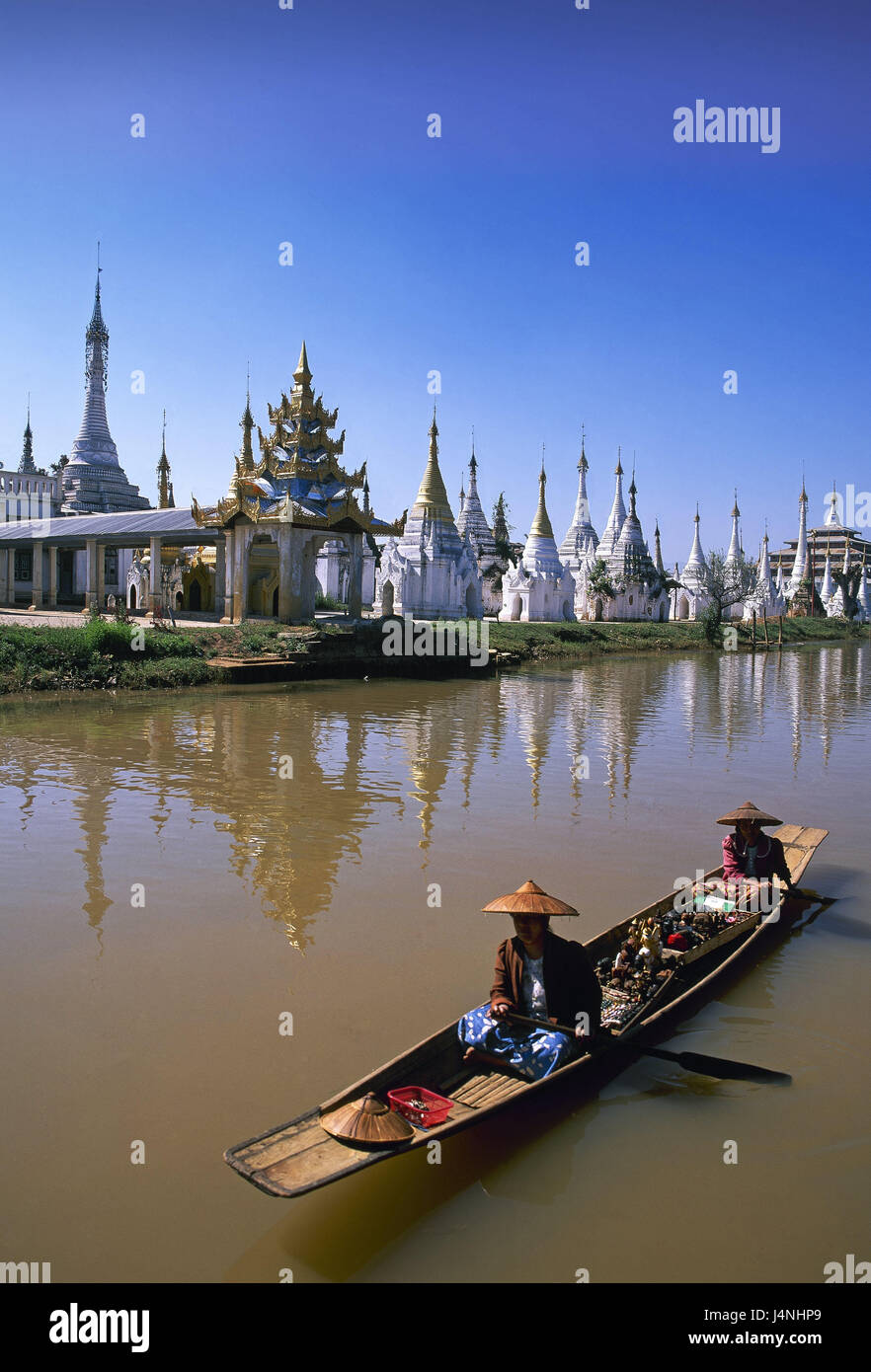 Myanmar, Ywama, Inle lake, boat, Phaung Daw U pagoda, Asia, South-East Asia, Shanstaat, lake, shore, lakeside, structure, towers, pagoda, place of interest, outside, dealer, wooden boot, person, Stock Photo
