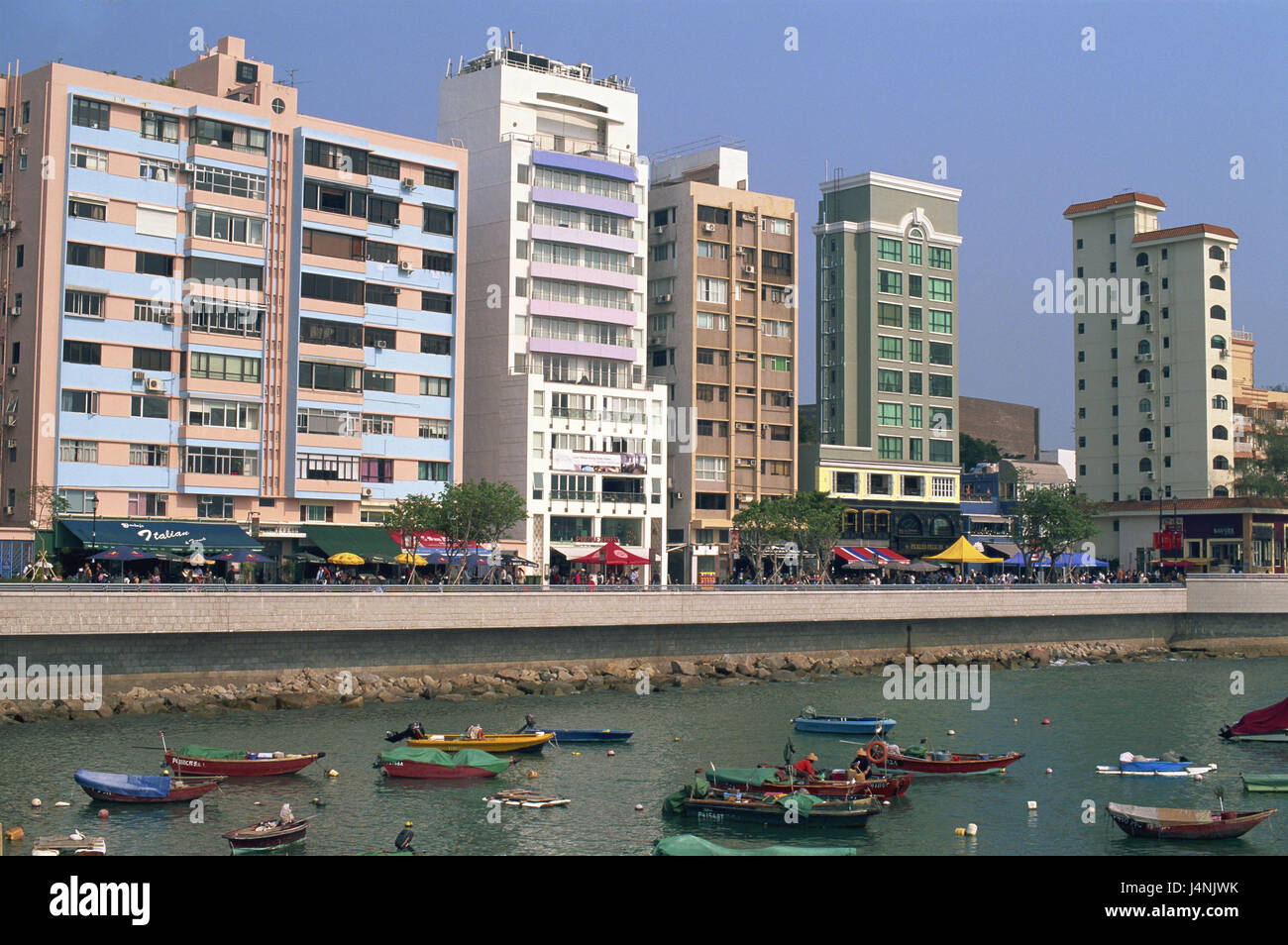 China, Hong Kong, Stanley, harbour, houses, Asia, town, townscape, travel, building, residential houses, flats, facades, bank promenade, boats, fishing boats, Stock Photo