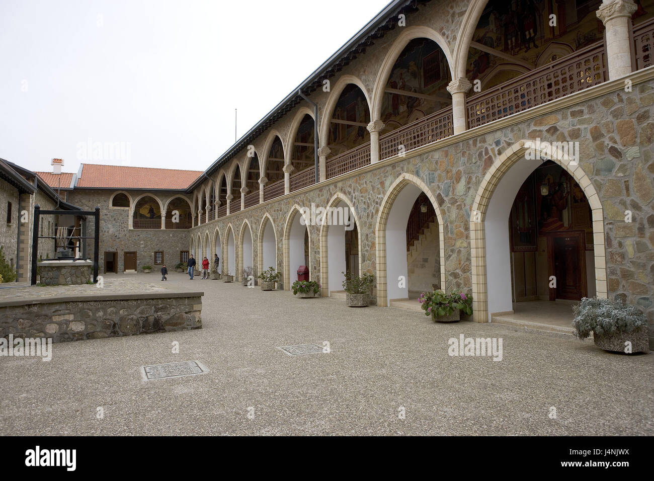 Cyprus, Troodos mountains, Kykkos cloister, inner courtyard, tourist, Mediterranean island, island, inland, mountain region, building, cloister, Kykkos, cloister attachment, overview, outside, place of interest, tourism, travel, destination, people, visitor, Stock Photo