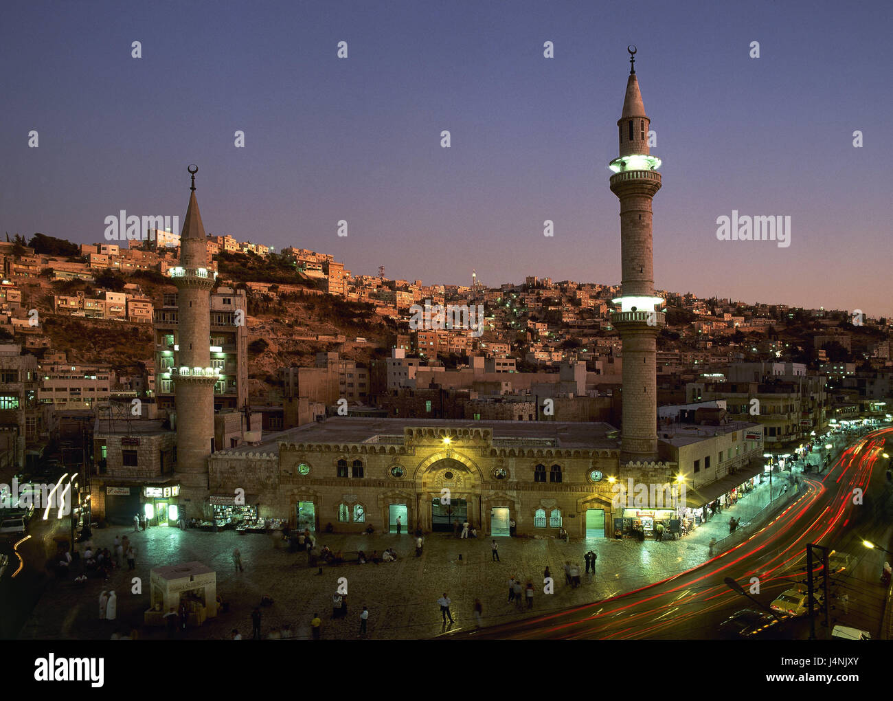 Jordan, Amman, town overview, Hussein mosque, dusk, town, capital, mosque, place of interest, building, structure, houses, evening, minarets, faith, religion, Islam, dusk, Stock Photo