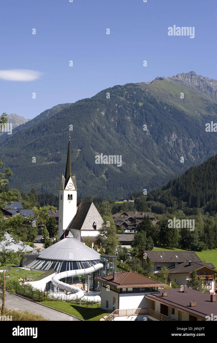 Austria, Salzburg country, wood in the Pinzgau, local view, church, national park parish, mountain landscape, mountains, place, houses, residential houses, parish church, swimming-pool, destination, tourism, Stock Photo