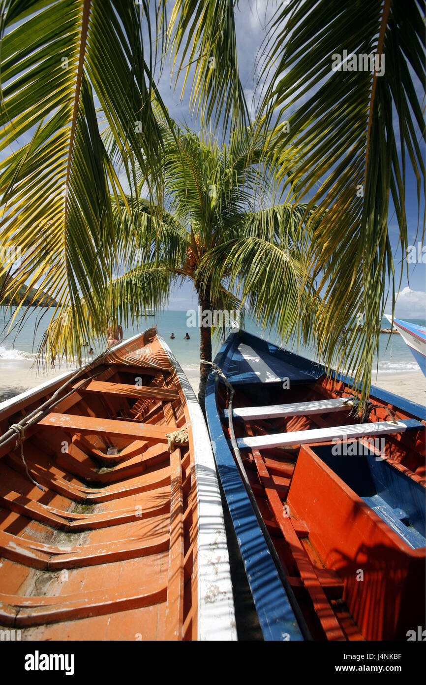 Venezuela, Isla Margarita, Pedro Gonzalez, Playa Pedro Gonzalez, fishing village, beach, palms, boots, Stock Photo