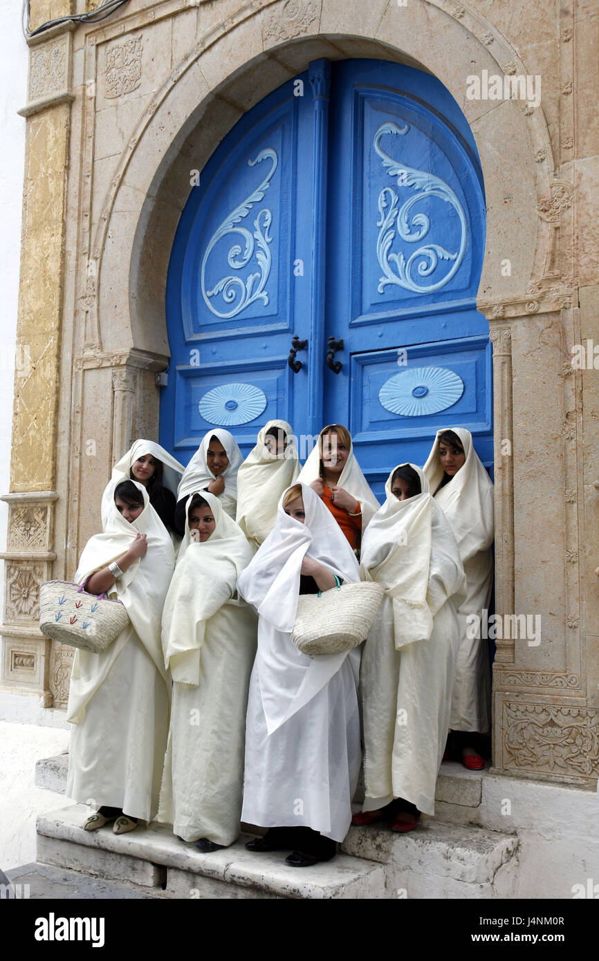 Tunisia, Sidi Bou Said, Old Town, group, woman, girl, veils, goal, Stock Photo