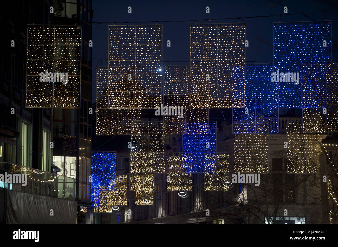 France, Alsace, Strasbourg, lane, Christmas lighting, evening, Stock Photo