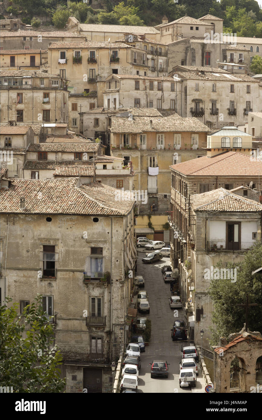 Italy, Calabria, Cosenza, Old Town, Süditalien, town, houses, residential houses, old, historically, neglectedly, lane, street, cars, Stock Photo