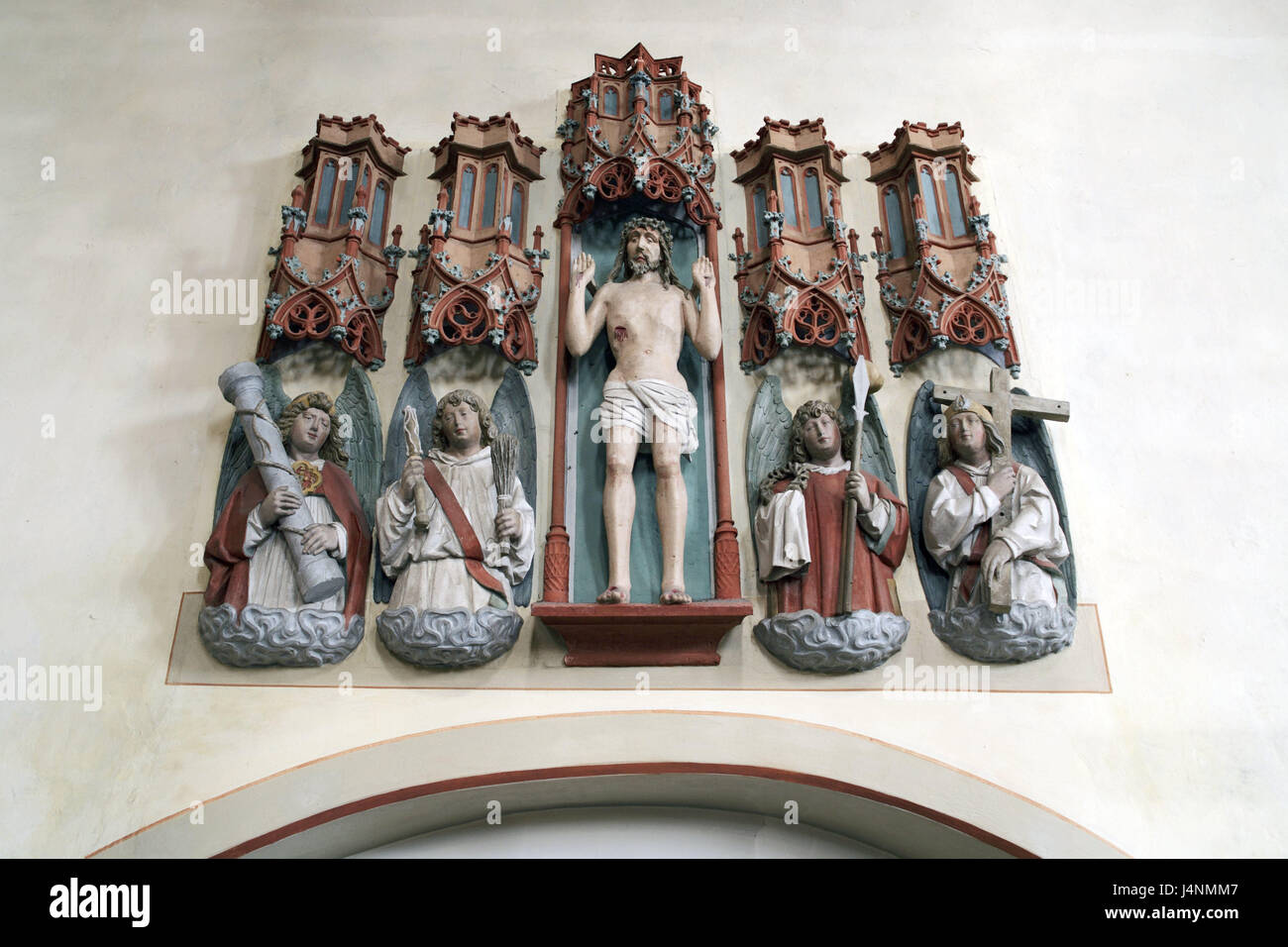 Germany, Rhineland-Palatinate, cathedral May field, church, figures of a saint, detail, May field, Eifel, Rhineland, the Palatinate, collegiate church, Gothic, architectural style, architecture, building, church, sacred construction, faith, religion, Christianity, characters, Jesus, Engel, ailment tools, sculptures, Schmerzensmann, Stock Photo