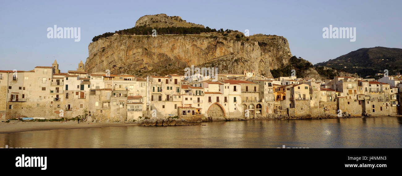 Italy, island Sicily, Cefalu, town view, beach, Rocca di Cefalu, Stock Photo