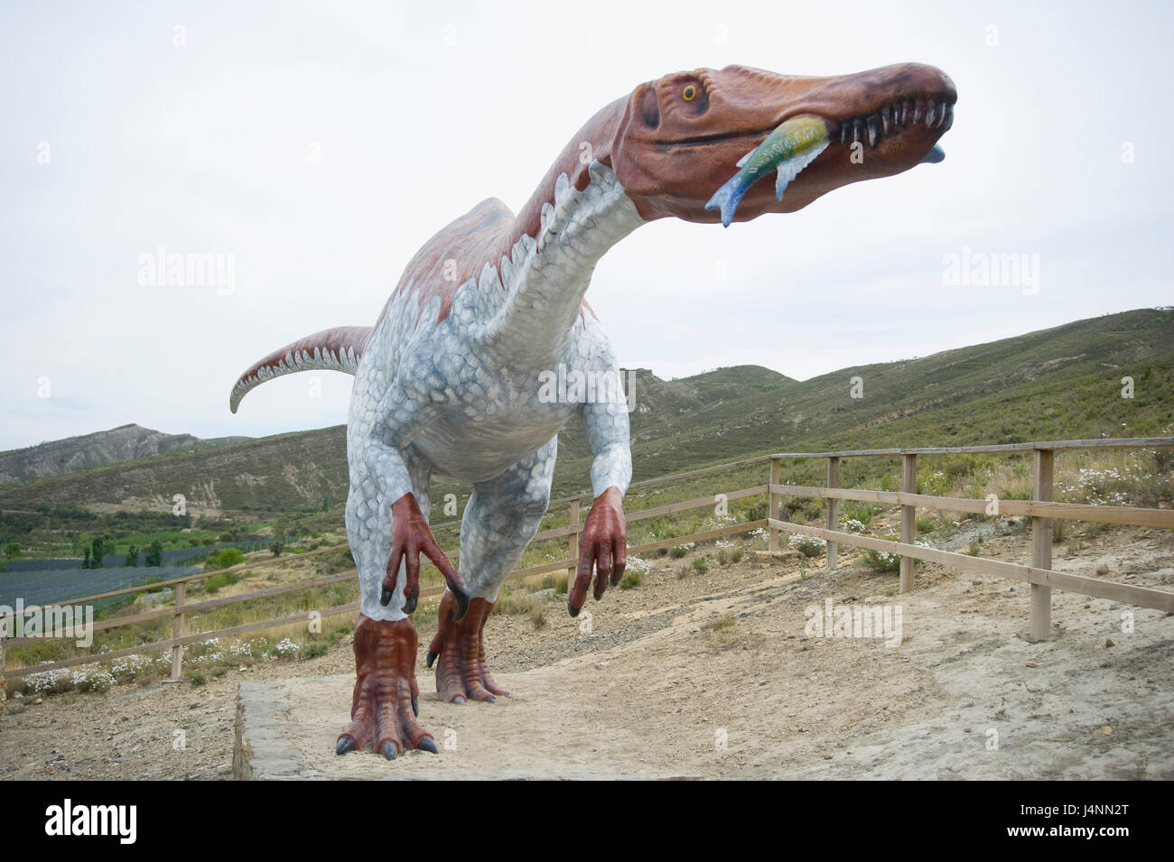 Life size replica of Baryonyx dinosaur eating fish. La Era del Peladillo site in IGEA village, La Rioja, Spain. theropod theropoda theropods Stock Photo