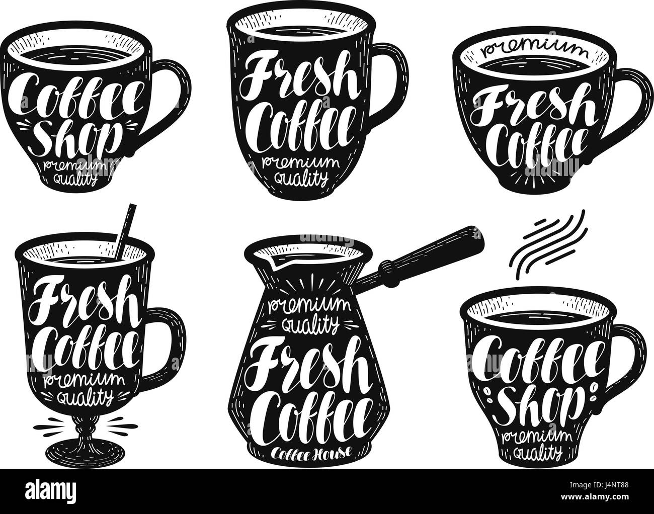 Fresh coffee, label set. Espresso, mug, hot drink icon or logo. Handwritten lettering vector illustration Stock Vector