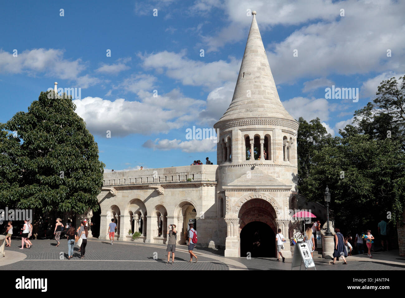 Part of Fisherman's Bastion (Halászbástya), a terrace in neo-Gothic and neo-Romanesque style, which overlooks the River Danube in Budapest, Hungary. Stock Photo