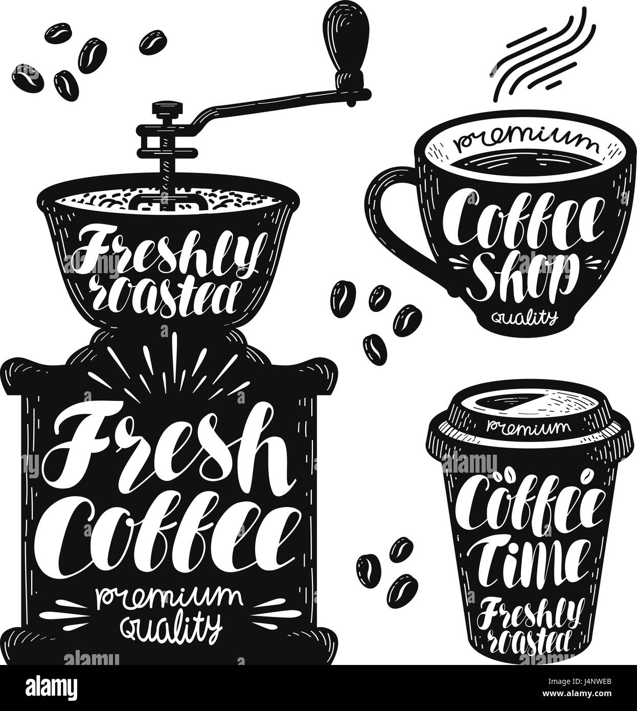 Coffee grinder, espresso label set. Cafe, hot drink, cup icon or logo. Handwritten lettering vector illustration Stock Vector