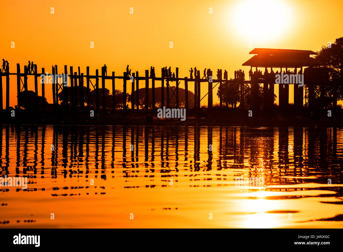 Stock Photo - Silhouette of footbridge of 1060 poles, Amarapura, Mandalay Division, Myanmar, Asia Stock Photo
